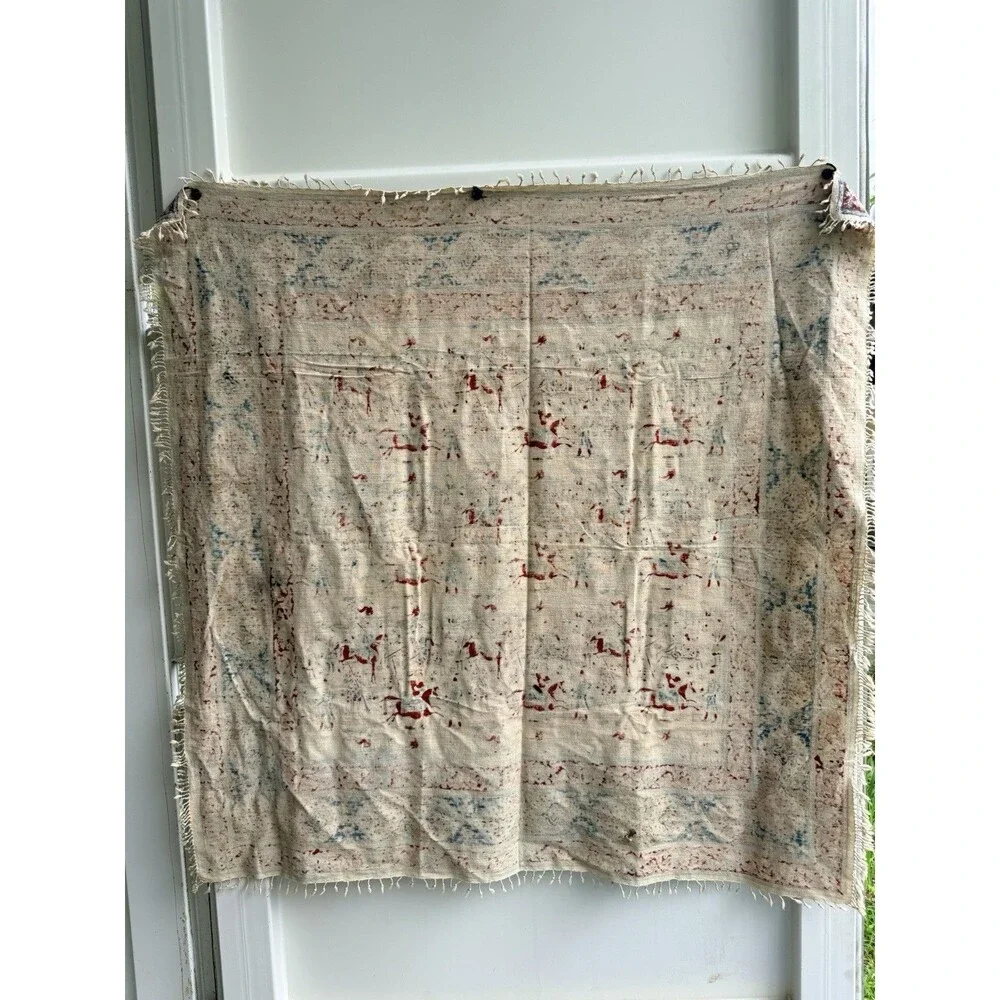 Antique Persian Fringed Cloth Tapestry Qajar Hunting & Polo Scene 52 X 52